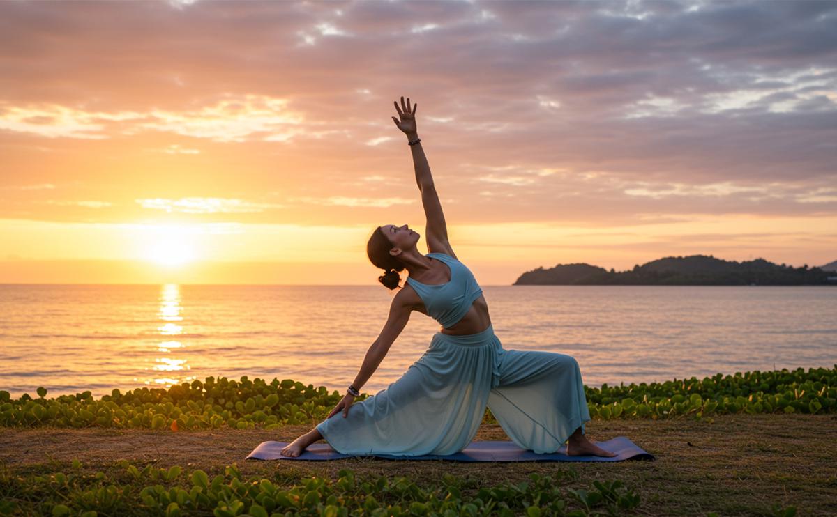 Nutrition for Yogis Eating to Support Your Practice for header photo but no writing. A woman practices yoga by the sea. nature photo
